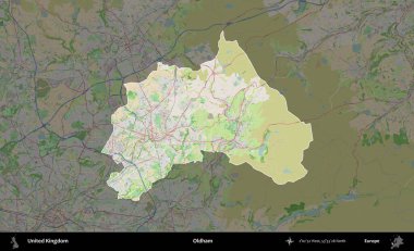 Oldham. Birleşik Krallık 'ın idari alanı koyu renk bir OpenStreetMap Fransız tarzı haritada altı çizilmiş ve özetlenmiştir