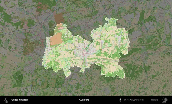Guildford. Birleşik Krallık 'ın idari alanı koyu renk bir OpenStreetMap Fransız tarzı haritada altı çizilmiş ve özetlenmiştir