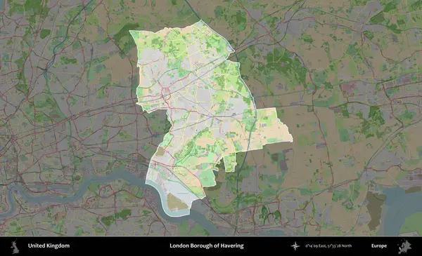 Londra Havering İlçesi. Birleşik Krallık 'ın idari alanı koyu renk bir OpenStreetMap Fransız tarzı haritada altı çizilmiş ve özetlenmiştir