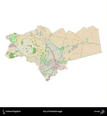 Peterborough şehri. Birleşik Krallık 'ın idari alanı bir OpenStreetMap Fransız tarzı haritada beyazda izole edildi