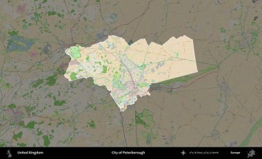 Peterborough şehri. Birleşik Krallık 'ın idari alanı koyu renk bir OpenStreetMap Fransız tarzı haritada altı çizilmiş ve özetlenmiştir
