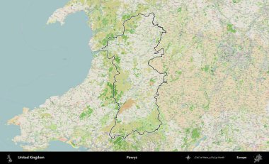 Powys. Bir OpenStreetMap Fransız tarzı haritada Birleşik Krallık 'ın özetlenmiş idari alanı