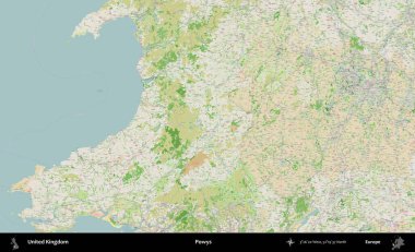 Powys. Bir OpenStreetMap Fransız stili haritasında Birleşik Krallık 'ın idari alanı