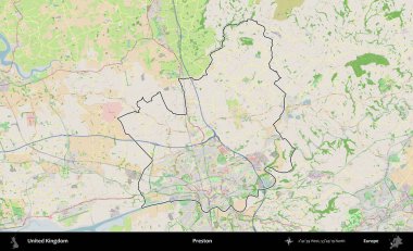 Preston. Bir OpenStreetMap Fransız tarzı haritada Birleşik Krallık 'ın özetlenmiş idari alanı