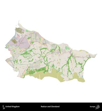 Redcar ve Cleveland. Birleşik Krallık 'ın idari alanı bir OpenStreetMap Fransız tarzı haritada beyazda izole edildi