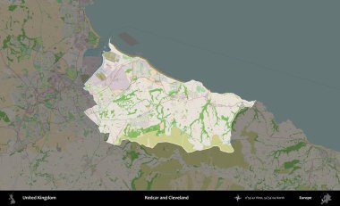 Redcar ve Cleveland. Birleşik Krallık 'ın idari alanı koyu renk bir OpenStreetMap Fransız tarzı haritada altı çizilmiş ve özetlenmiştir