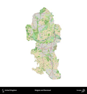 Reigate ve Banstead. Birleşik Krallık 'ın idari alanı bir OpenStreetMap Fransız tarzı haritada beyazda izole edildi