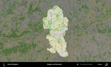Reigate ve Banstead. Birleşik Krallık 'ın idari alanı koyu renk bir OpenStreetMap Fransız tarzı haritada altı çizilmiş ve özetlenmiştir