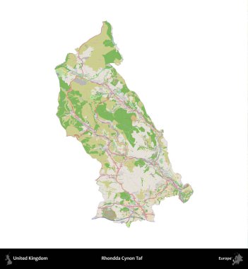 Rhondda Cynon Taf. Birleşik Krallık 'ın idari alanı bir OpenStreetMap Fransız tarzı haritada beyazda izole edildi