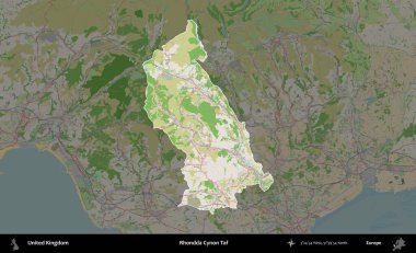 Rhondda Cynon Taf. Birleşik Krallık 'ın idari alanı koyu renk bir OpenStreetMap Fransız tarzı haritada altı çizilmiş ve özetlenmiştir