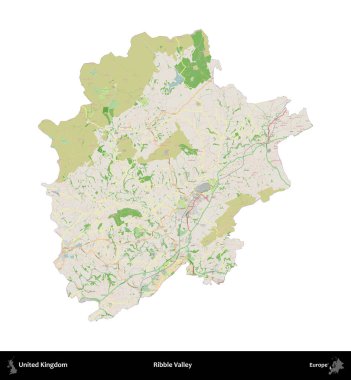 Ribble Vadisi. Birleşik Krallık 'ın idari alanı bir OpenStreetMap Fransız tarzı haritada beyazda izole edildi