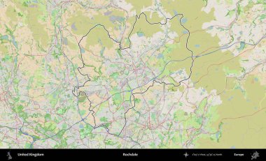 Rochdale 'de. Bir OpenStreetMap Fransız tarzı haritada Birleşik Krallık 'ın özetlenmiş idari alanı
