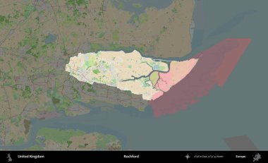 Rochford. Birleşik Krallık 'ın idari alanı koyu renk bir OpenStreetMap Fransız tarzı haritada altı çizilmiş ve özetlenmiştir