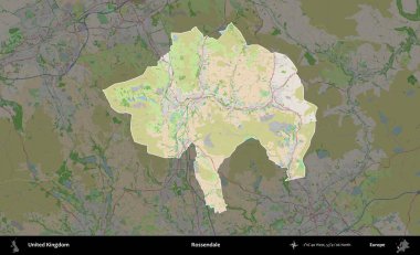 Rossendale 'de. Birleşik Krallık 'ın idari alanı koyu renk bir OpenStreetMap Fransız tarzı haritada altı çizilmiş ve özetlenmiştir