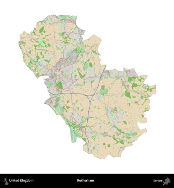 Rotherham. Birleşik Krallık 'ın idari alanı bir OpenStreetMap Fransız tarzı haritada beyazda izole edildi