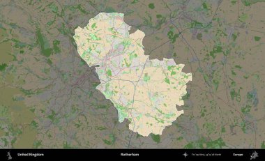 Rotherham. Birleşik Krallık 'ın idari alanı koyu renk bir OpenStreetMap Fransız tarzı haritada altı çizilmiş ve özetlenmiştir