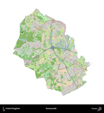 Runnymede. Birleşik Krallık 'ın idari alanı bir OpenStreetMap Fransız tarzı haritada beyazda izole edildi