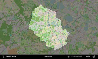 Runnymede. Birleşik Krallık 'ın idari alanı koyu renk bir OpenStreetMap Fransız tarzı haritada altı çizilmiş ve özetlenmiştir