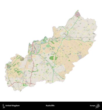 Rushcliffe. Birleşik Krallık 'ın idari alanı bir OpenStreetMap Fransız tarzı haritada beyazda izole edildi
