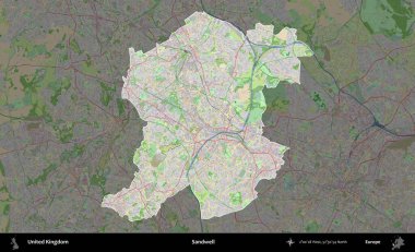 Sandwell. Birleşik Krallık 'ın idari alanı koyu renk bir OpenStreetMap Fransız tarzı haritada altı çizilmiş ve özetlenmiştir