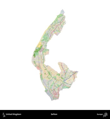 Sefton. Birleşik Krallık 'ın idari alanı bir OpenStreetMap Fransız tarzı haritada beyazda izole edildi
