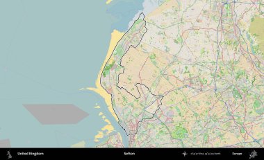 Sefton. Bir OpenStreetMap Fransız tarzı haritada Birleşik Krallık 'ın özetlenmiş idari alanı
