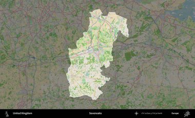 Yediler. Birleşik Krallık 'ın idari alanı koyu renk bir OpenStreetMap Fransız tarzı haritada altı çizilmiş ve özetlenmiştir