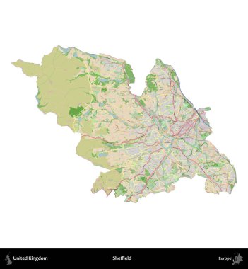 Sheffield. Birleşik Krallık 'ın idari alanı bir OpenStreetMap Fransız tarzı haritada beyazda izole edildi