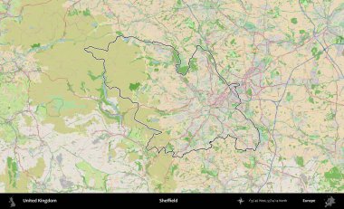 Sheffield. Bir OpenStreetMap Fransız tarzı haritada Birleşik Krallık 'ın özetlenmiş idari alanı