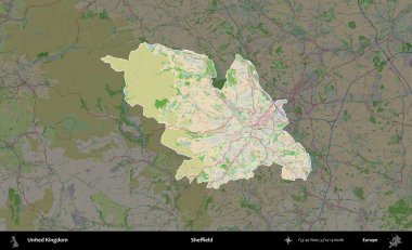 Sheffield. Birleşik Krallık 'ın idari alanı koyu renk bir OpenStreetMap Fransız tarzı haritada altı çizilmiş ve özetlenmiştir
