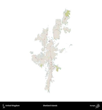 Shetland Adaları. Birleşik Krallık 'ın idari alanı bir OpenStreetMap Fransız tarzı haritada beyazda izole edildi