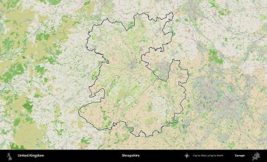 Shropshire 'da. Bir OpenStreetMap Fransız tarzı haritada Birleşik Krallık 'ın özetlenmiş idari alanı