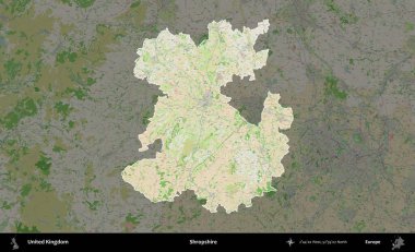 Shropshire 'da. Birleşik Krallık 'ın idari alanı koyu renk bir OpenStreetMap Fransız tarzı haritada altı çizilmiş ve özetlenmiştir