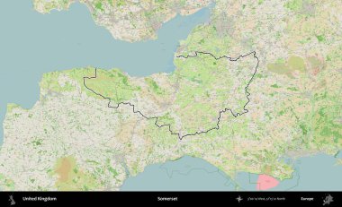 Somerset. Bir OpenStreetMap Fransız tarzı haritada Birleşik Krallık 'ın özetlenmiş idari alanı