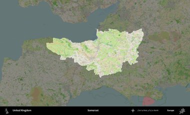 Somerset. Birleşik Krallık 'ın idari alanı koyu renk bir OpenStreetMap Fransız tarzı haritada altı çizilmiş ve özetlenmiştir