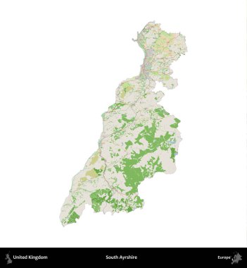 Güney Ayrshire. Birleşik Krallık 'ın idari alanı bir OpenStreetMap Fransız tarzı haritada beyazda izole edildi