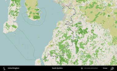 Güney Ayrshire. Bir OpenStreetMap Fransız tarzı haritada Birleşik Krallık 'ın özetlenmiş idari alanı
