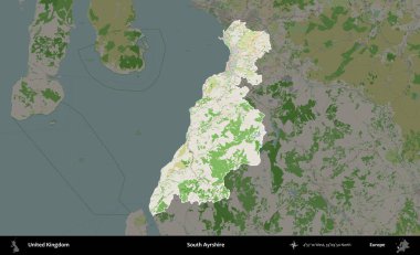 Güney Ayrshire. Birleşik Krallık 'ın idari alanı koyu renk bir OpenStreetMap Fransız tarzı haritada altı çizilmiş ve özetlenmiştir