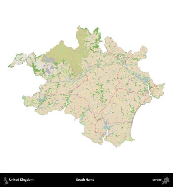 South Hams 'da. Birleşik Krallık 'ın idari alanı bir OpenStreetMap Fransız tarzı haritada beyazda izole edildi