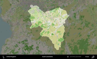 Güney Lanarkshire. Birleşik Krallık 'ın idari alanı koyu renk bir OpenStreetMap Fransız tarzı haritada altı çizilmiş ve özetlenmiştir
