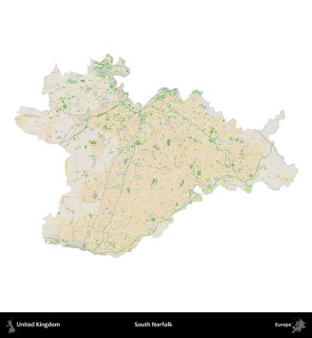 Güney Norfolk. Birleşik Krallık 'ın idari alanı bir OpenStreetMap Fransız tarzı haritada beyazda izole edildi