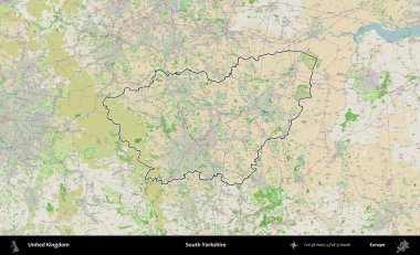 Güney Yorkshire. Bir OpenStreetMap Fransız tarzı haritada Birleşik Krallık 'ın özetlenmiş idari alanı