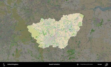 Güney Yorkshire. Birleşik Krallık 'ın idari alanı koyu renk bir OpenStreetMap Fransız tarzı haritada altı çizilmiş ve özetlenmiştir