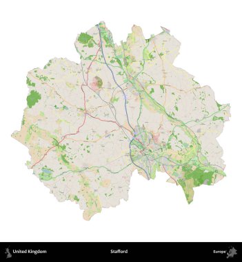 Stafford. Birleşik Krallık 'ın idari alanı bir OpenStreetMap Fransız tarzı haritada beyazda izole edildi