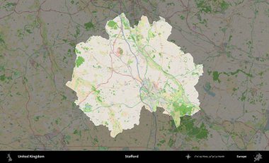 Stafford. Birleşik Krallık 'ın idari alanı koyu renk bir OpenStreetMap Fransız tarzı haritada altı çizilmiş ve özetlenmiştir