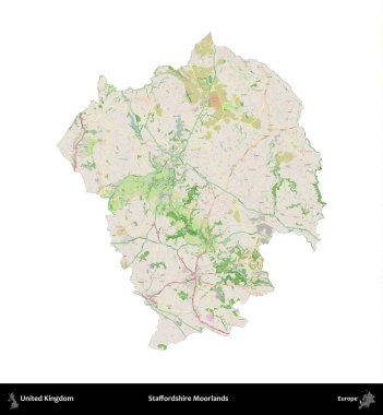 Staffordshire bozkırları. Birleşik Krallık 'ın idari alanı bir OpenStreetMap Fransız tarzı haritada beyazda izole edildi