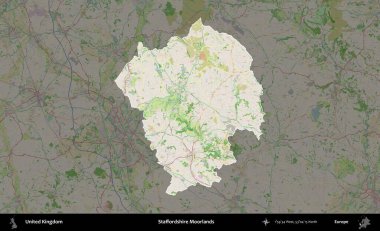 Staffordshire bozkırları. Birleşik Krallık 'ın idari alanı koyu renk bir OpenStreetMap Fransız tarzı haritada altı çizilmiş ve özetlenmiştir