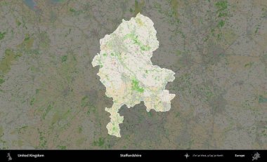 Staffordshire 'da. Birleşik Krallık 'ın idari alanı koyu renk bir OpenStreetMap Fransız tarzı haritada altı çizilmiş ve özetlenmiştir
