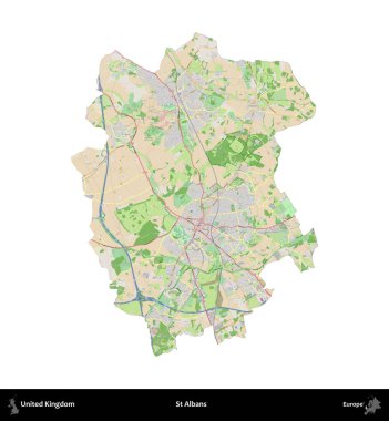 Aziz Albans. Birleşik Krallık 'ın idari alanı bir OpenStreetMap Fransız tarzı haritada beyazda izole edildi