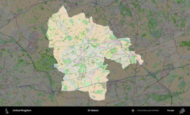 Aziz Helens. Birleşik Krallık 'ın idari alanı koyu renk bir OpenStreetMap Fransız tarzı haritada altı çizilmiş ve özetlenmiştir